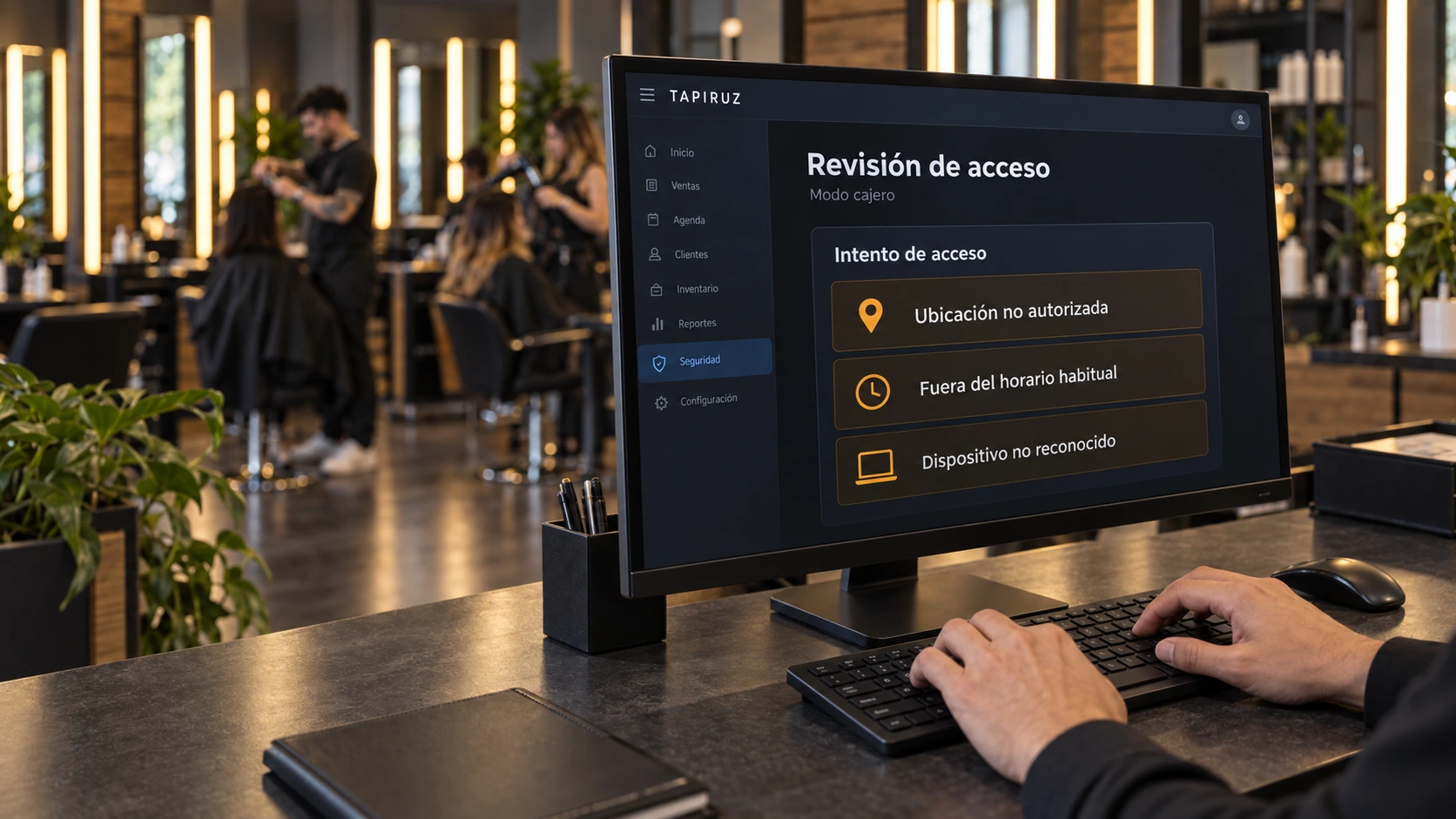 Manos trabajando en un teclado frente a un monitor con una revisión ilustrativa de ubicación no autorizada, horario fuera del habitual y dispositivo no reconocido.